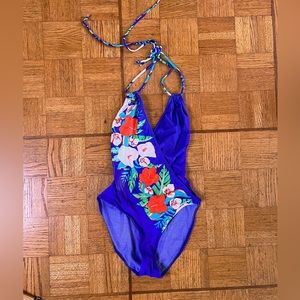 Vintage swim suit - purple one piece halter - petite size